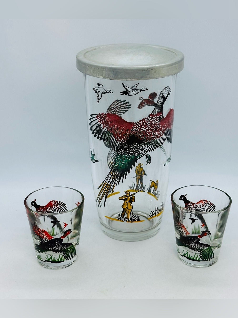 Vintage Hazel Atlas Cocktail Shaker with Pheasants and Two Shot Glasses Hunting